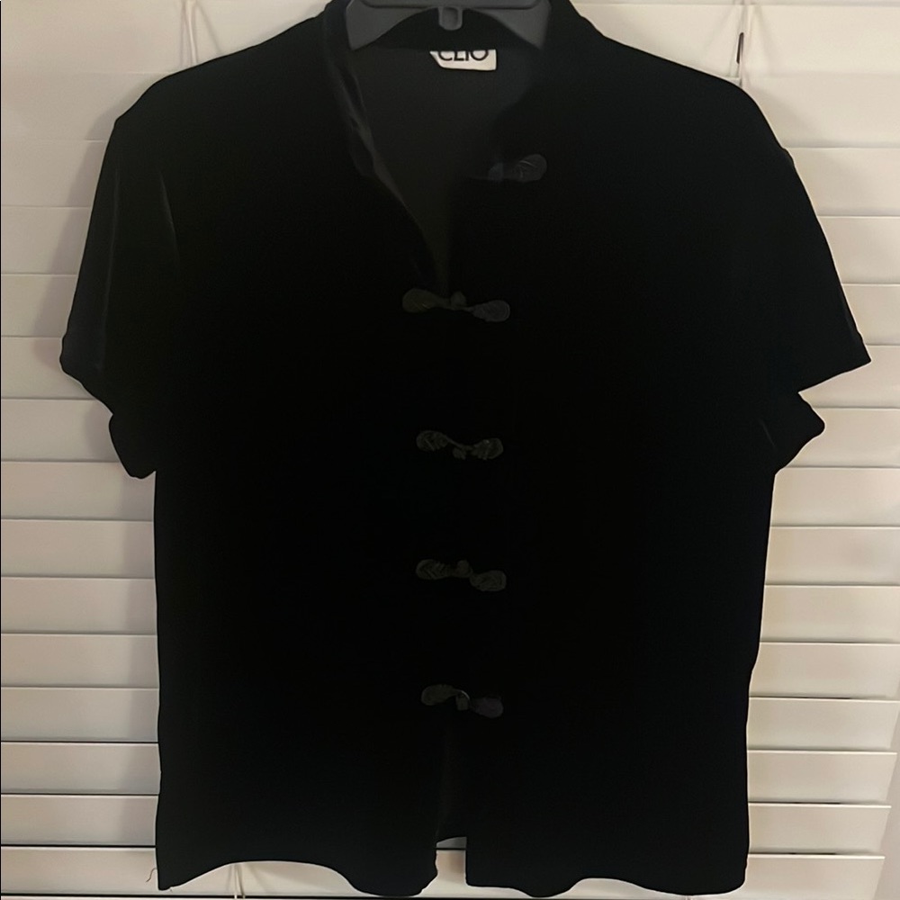 VINTAGE Clio Black Short Sleeve CHINESE PANKO VELVET BUTTON Down Shirt LG